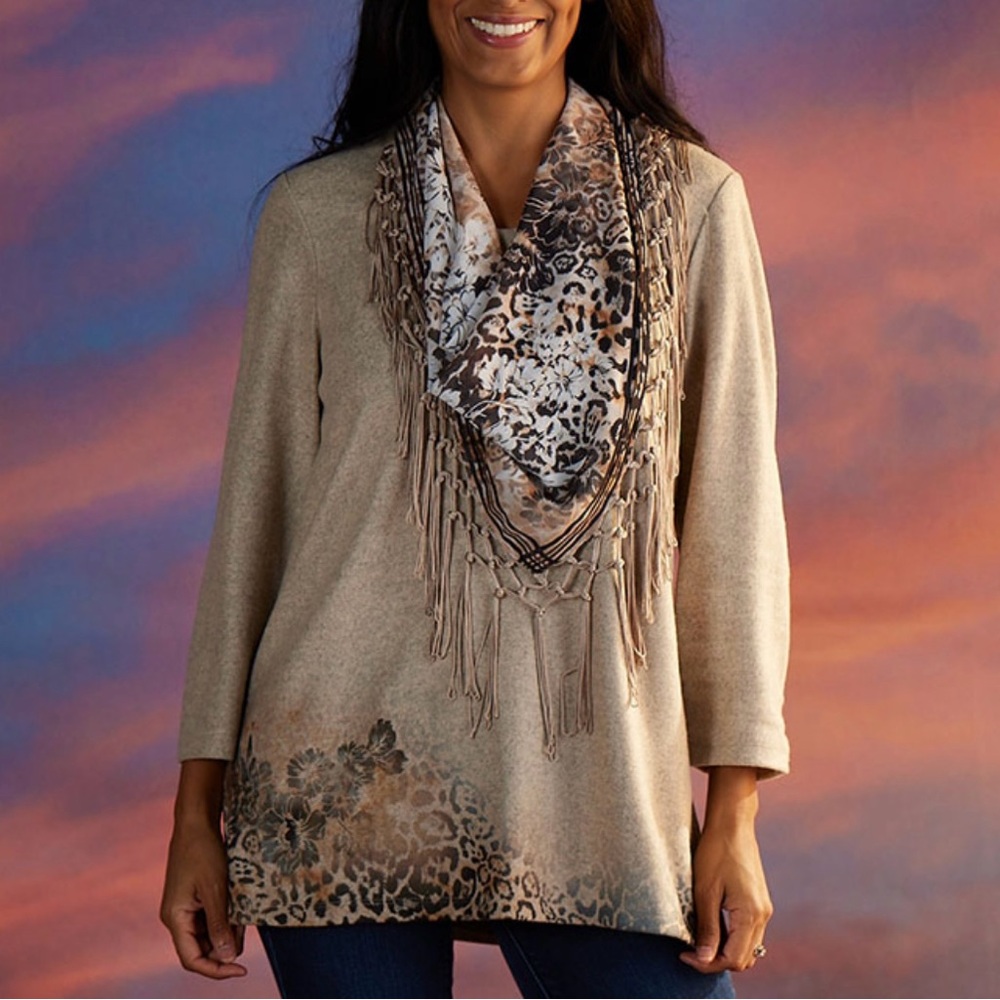 Cactus Tan Leopard Print Fringe Blouse